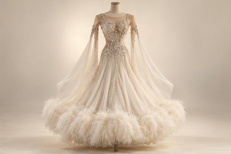 Illustrative ivory ballroom competition gown